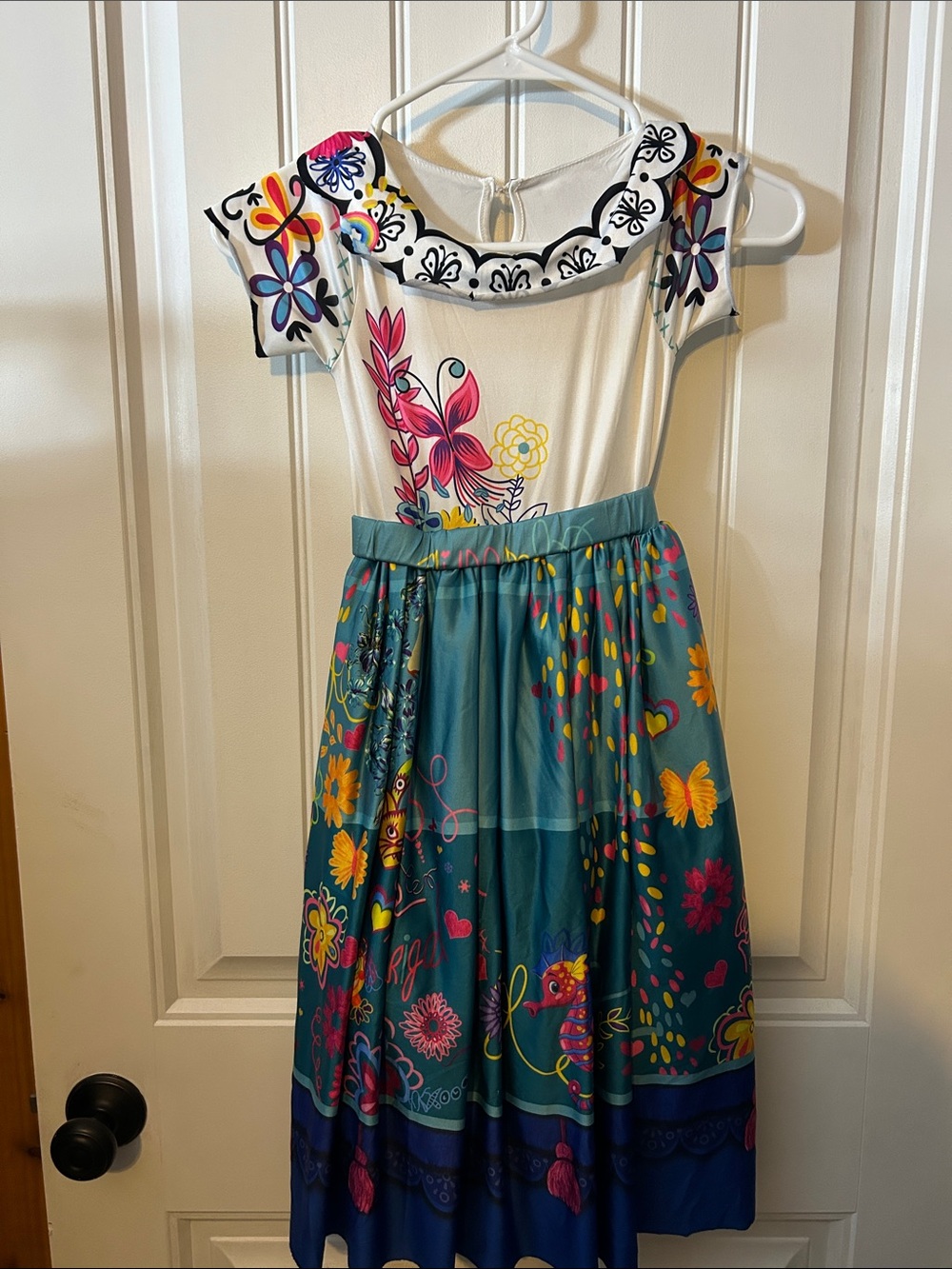 Girls Teal Floral Cold-Shoulder Dress with Cream Bodice